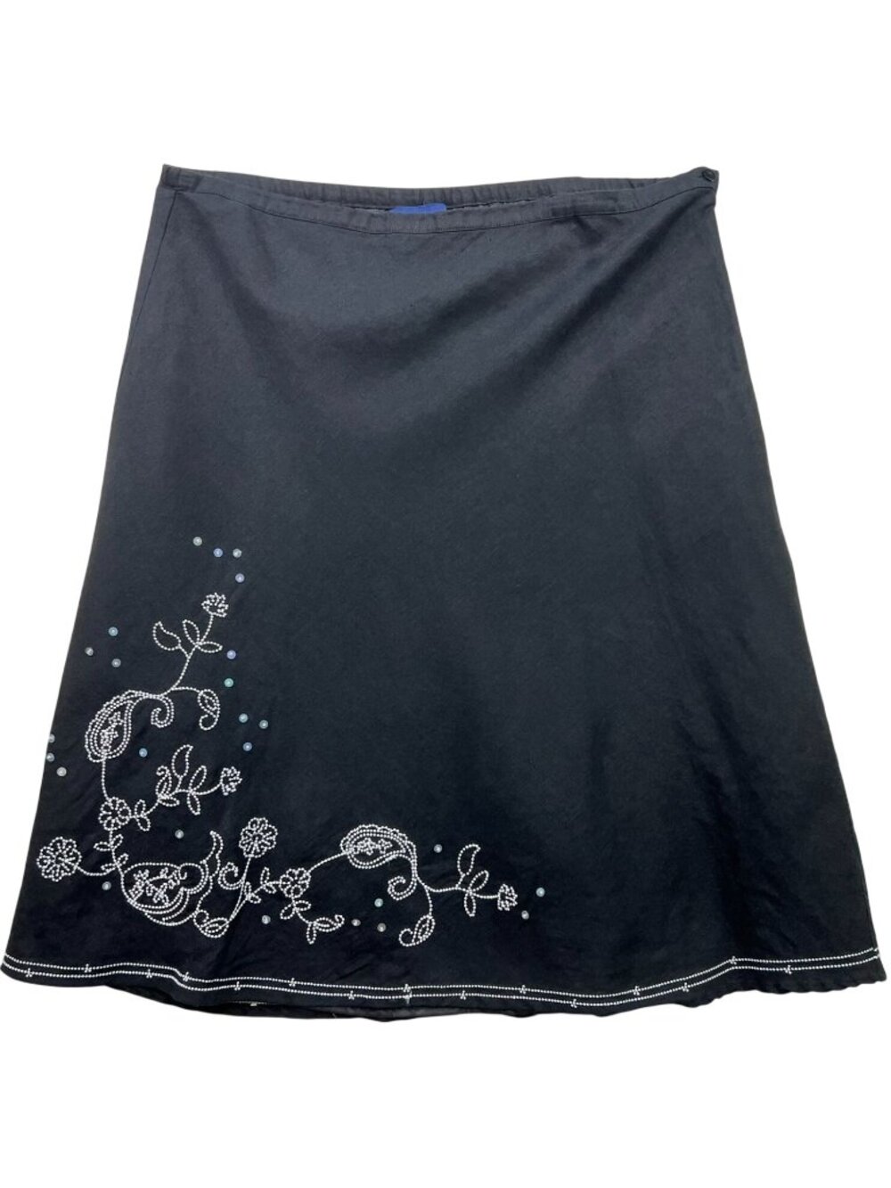 SML Sport Womens Linen A-Line Skirt Side Zip Sz XL Black White Embroidery Floral
